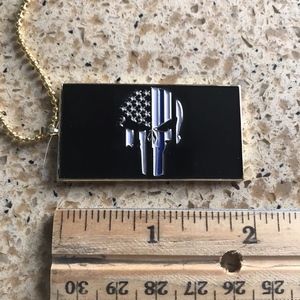 Thin Blue Line Punisher American Flag Police Pendant Necklace 28” Chain NEW